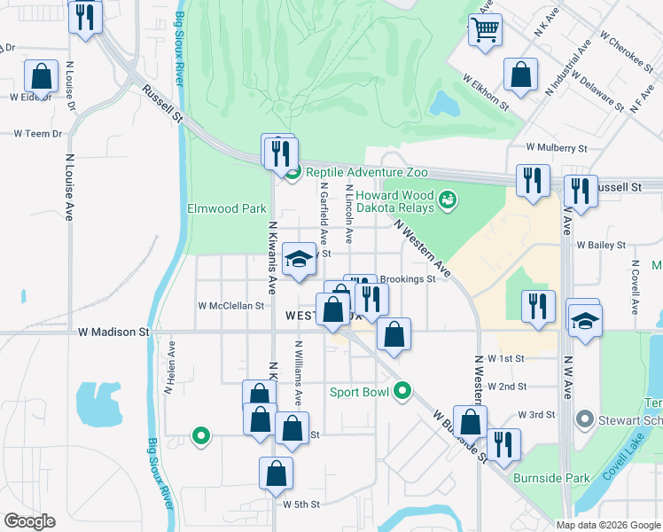 map of restaurants, bars, coffee shops, grocery stores, and more near 1101-1199 N Garfield Ave in Sioux Falls