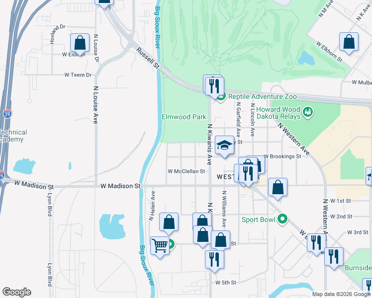 map of restaurants, bars, coffee shops, grocery stores, and more near 2709 West Brookings Street in Sioux Falls