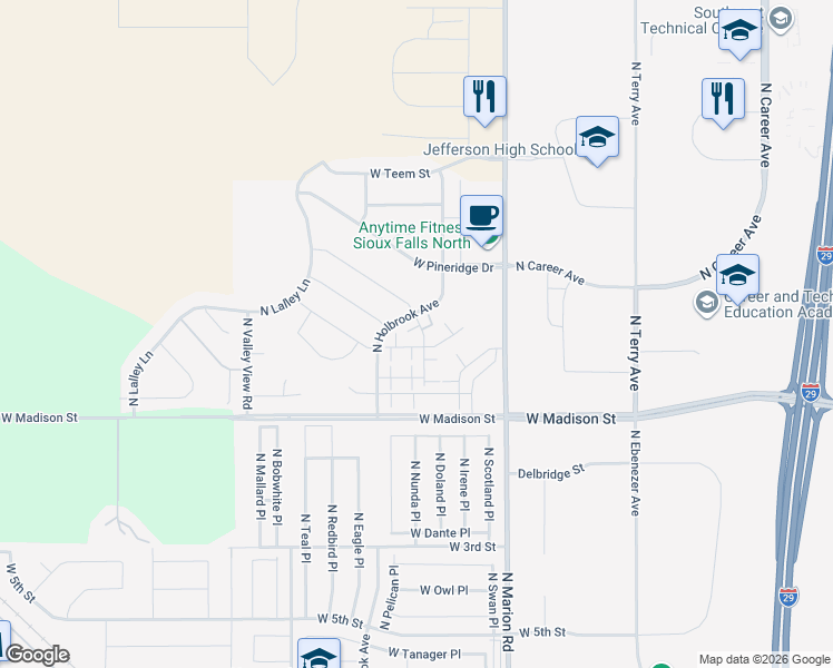 map of restaurants, bars, coffee shops, grocery stores, and more near 1215 North Pekin Place in Sioux Falls