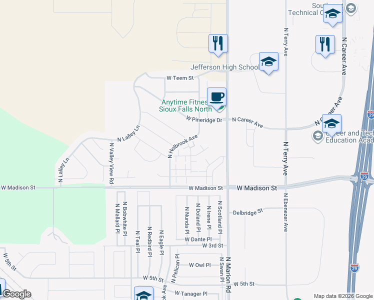 map of restaurants, bars, coffee shops, grocery stores, and more near 1215 North Pekin Place in Sioux Falls