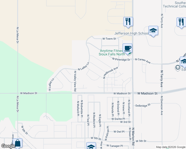 map of restaurants, bars, coffee shops, grocery stores, and more near 5701-5799 Bream Court in Sioux Falls