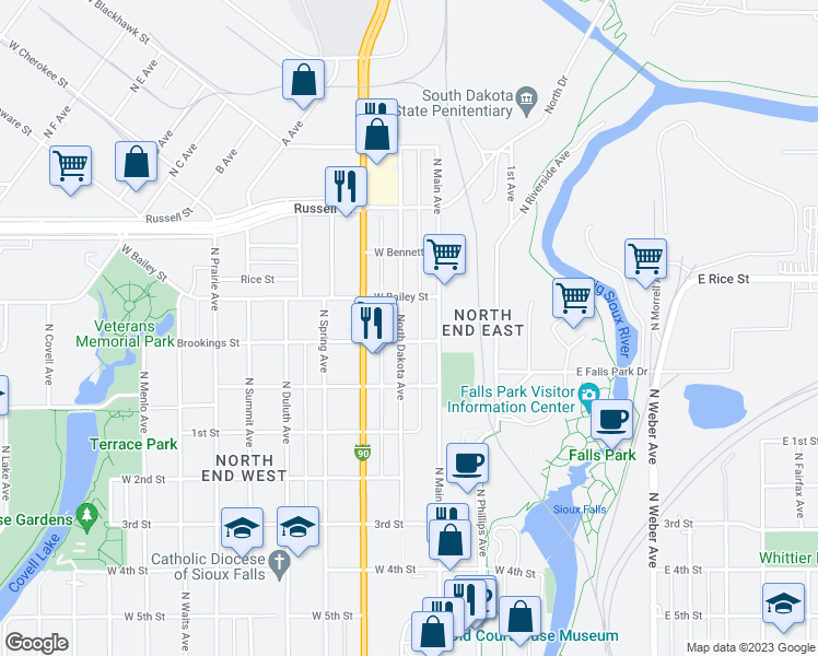 map of restaurants, bars, coffee shops, grocery stores, and more near 1108 North Dakota Avenue in Sioux Falls