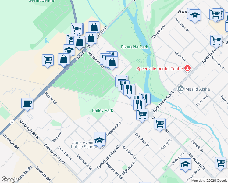 map of restaurants, bars, coffee shops, grocery stores, and more near 708 Woolwich Street in Guelph