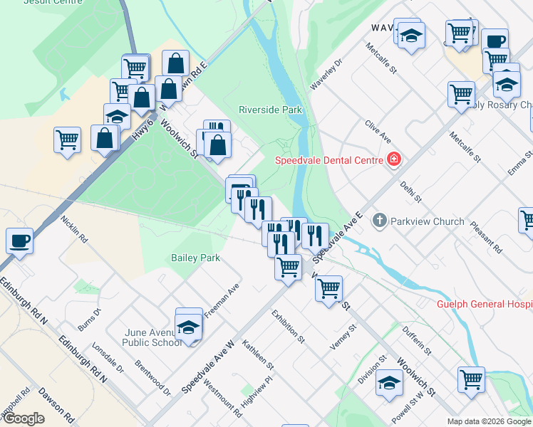 map of restaurants, bars, coffee shops, grocery stores, and more near 689 Woolwich Street in Guelph