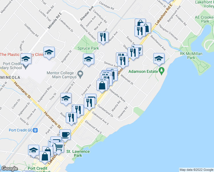 map of restaurants, bars, coffee shops, grocery stores, and more near 280 Lakeshore Road East in Mississauga