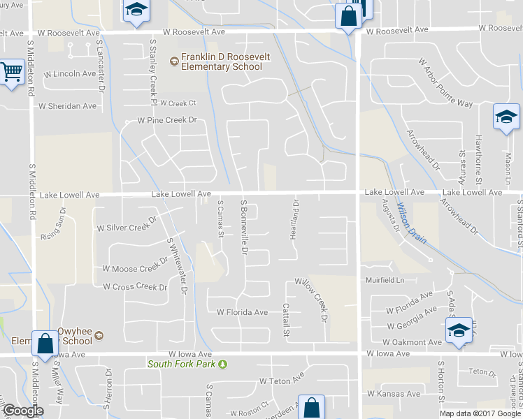 map of restaurants, bars, coffee shops, grocery stores, and more near 1520 West Bird Loop in Nampa