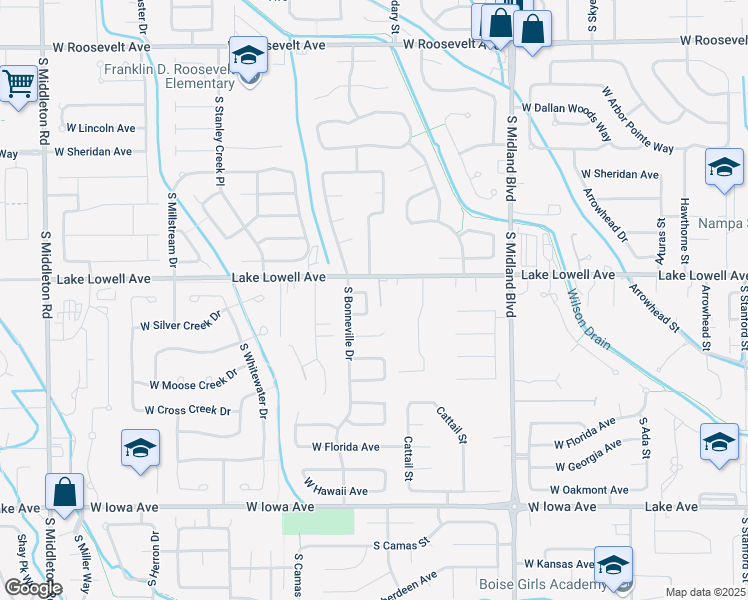 map of restaurants, bars, coffee shops, grocery stores, and more near 1504 West Bird Loop in Nampa
