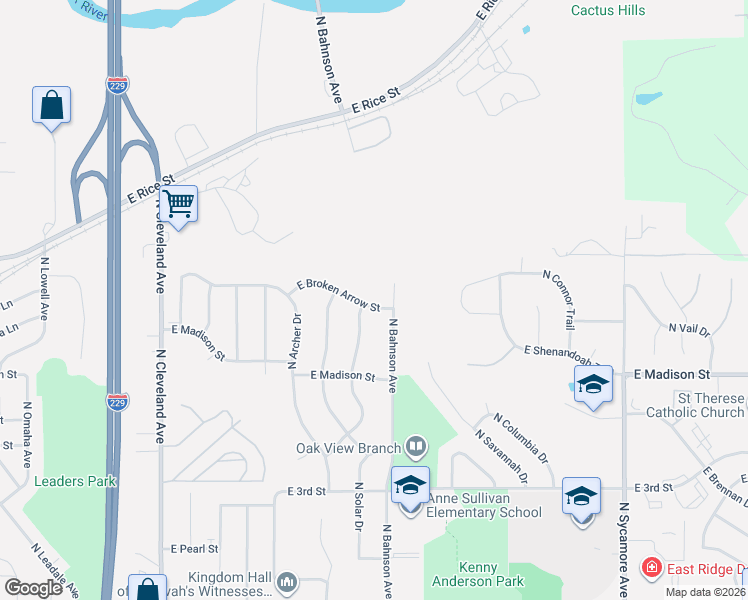 map of restaurants, bars, coffee shops, grocery stores, and more near 3408 East Broken Arrow Street in Sioux Falls
