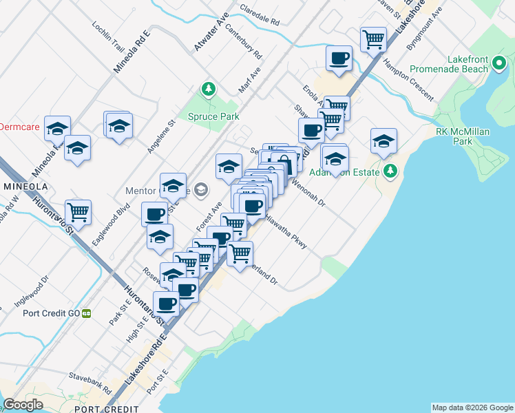 map of restaurants, bars, coffee shops, grocery stores, and more near 280 Lakeshore Road East in Mississauga