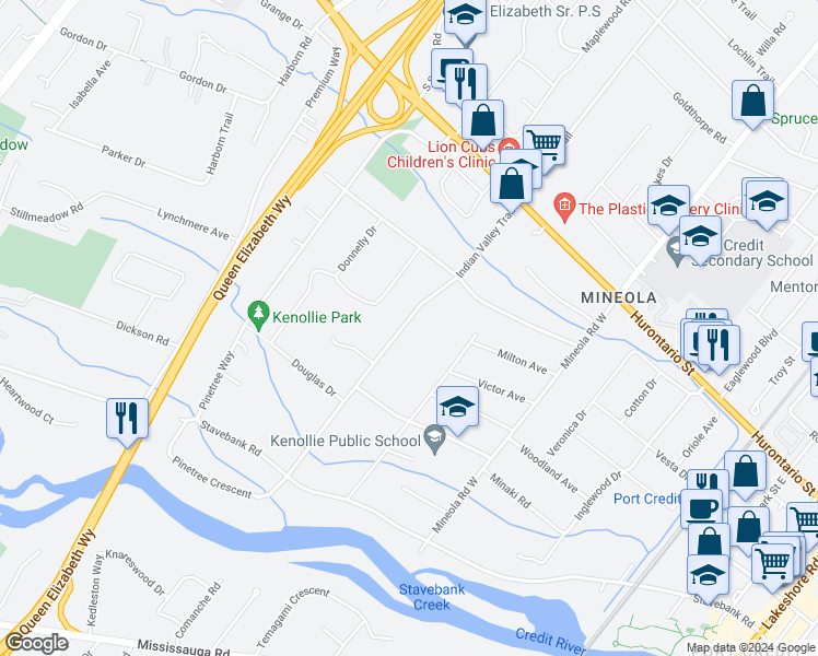 map of restaurants, bars, coffee shops, grocery stores, and more near 172 Indian Valley Trail in Mississauga