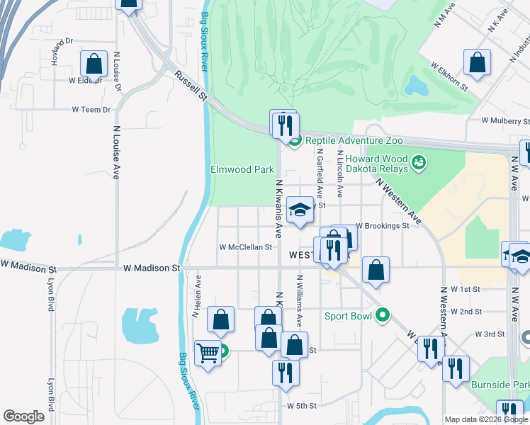 map of restaurants, bars, coffee shops, grocery stores, and more near 2600-2698 West Bailey Street in Sioux Falls