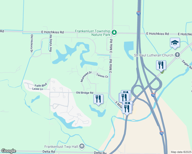 map of restaurants, bars, coffee shops, grocery stores, and more near 2473 Muirhead Drive in Bay City
