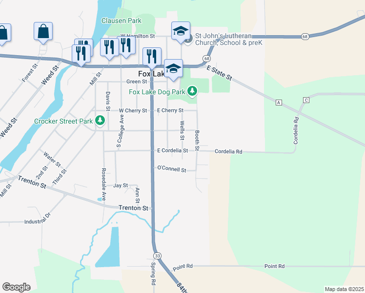 map of restaurants, bars, coffee shops, grocery stores, and more near 406 Wells Street in Fox Lake