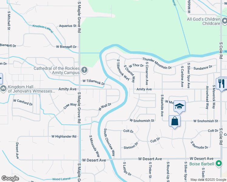map of restaurants, bars, coffee shops, grocery stores, and more near 8629 West Amity Road in Boise