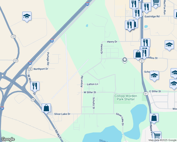 map of restaurants, bars, coffee shops, grocery stores, and more near 2548 Airport Road in Portage