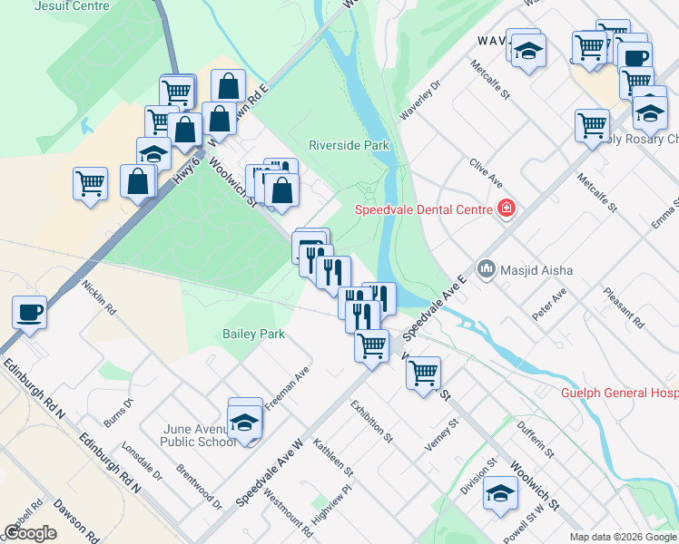map of restaurants, bars, coffee shops, grocery stores, and more near 693 Woolwich Street in Guelph