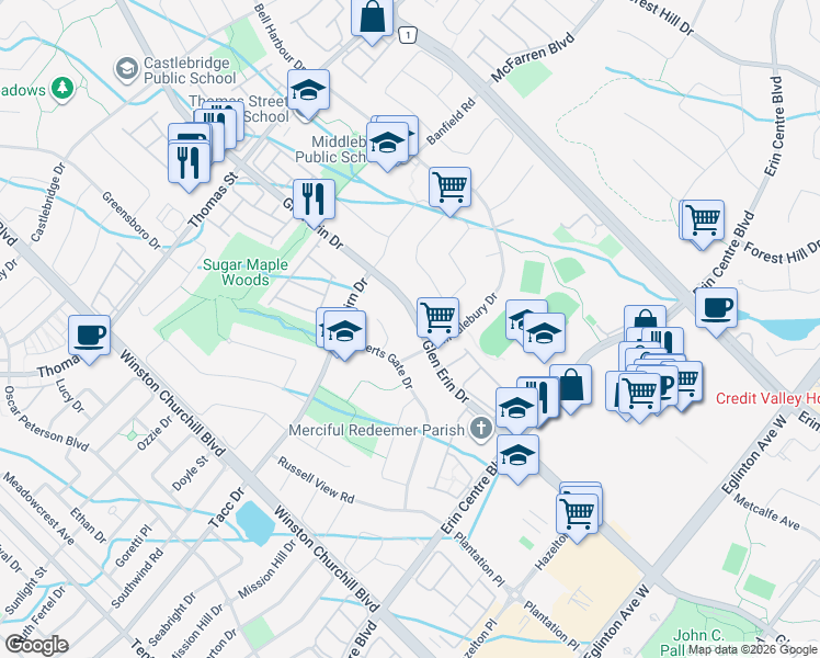 map of restaurants, bars, coffee shops, grocery stores, and more near 5356 Glen Erin Drive in Mississauga