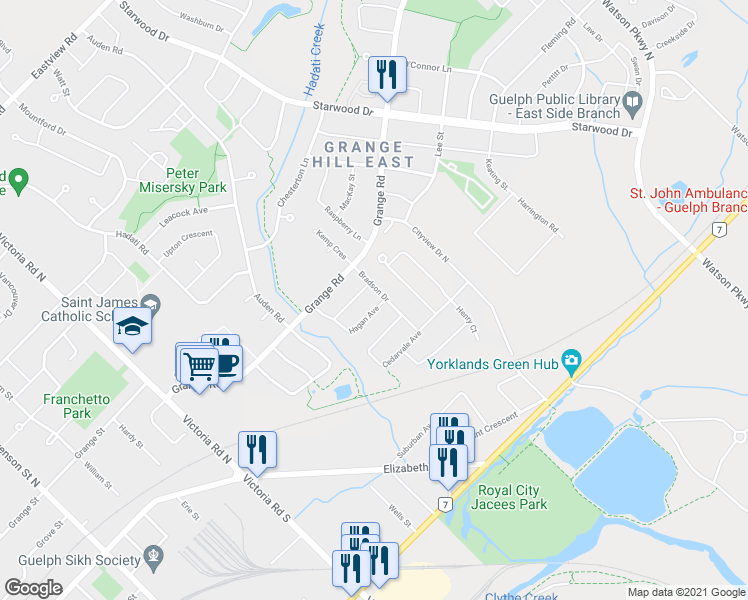 map of restaurants, bars, coffee shops, grocery stores, and more near 66 Hagan Avenue in Guelph