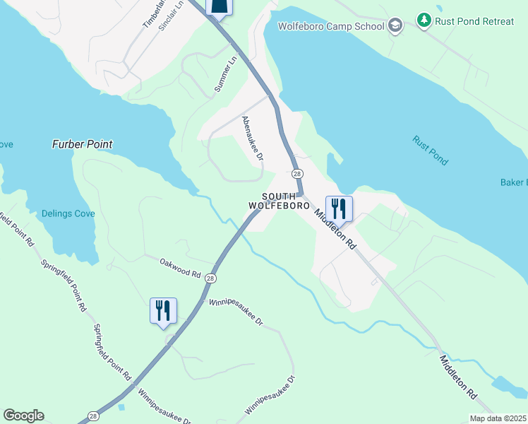 map of restaurants, bars, coffee shops, grocery stores, and more near 668 New Hampshire 28 in Wolfeboro