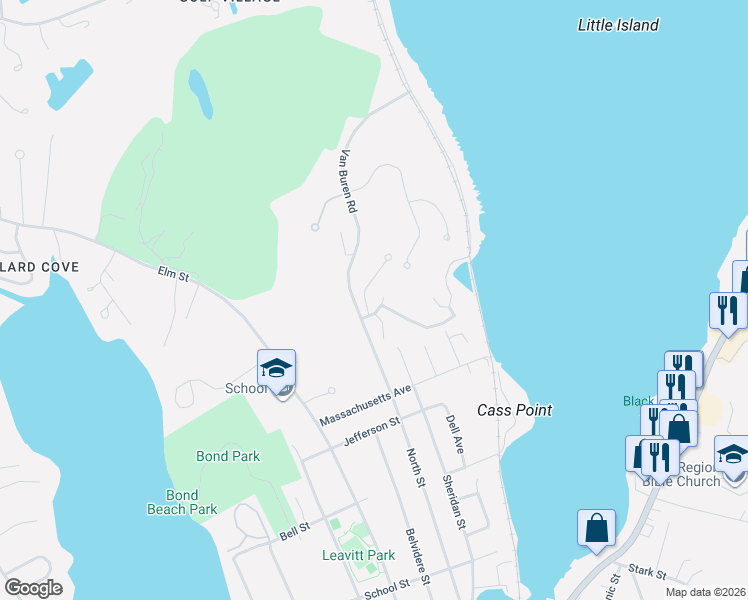 map of restaurants, bars, coffee shops, grocery stores, and more near 31 Van Buren Road in Laconia