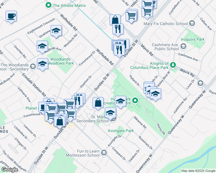 map of restaurants, bars, coffee shops, grocery stores, and more near 880 Dundas Street West in Mississauga