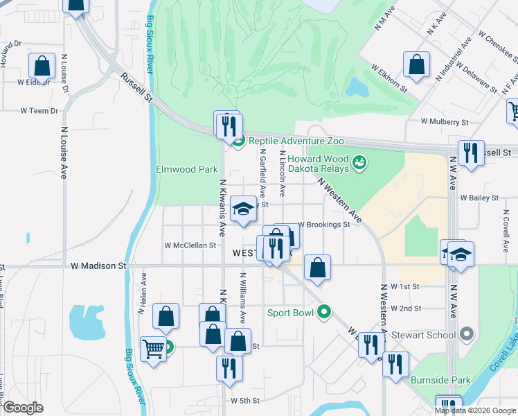 map of restaurants, bars, coffee shops, grocery stores, and more near 1301-1399 North Garfield Avenue in Sioux Falls