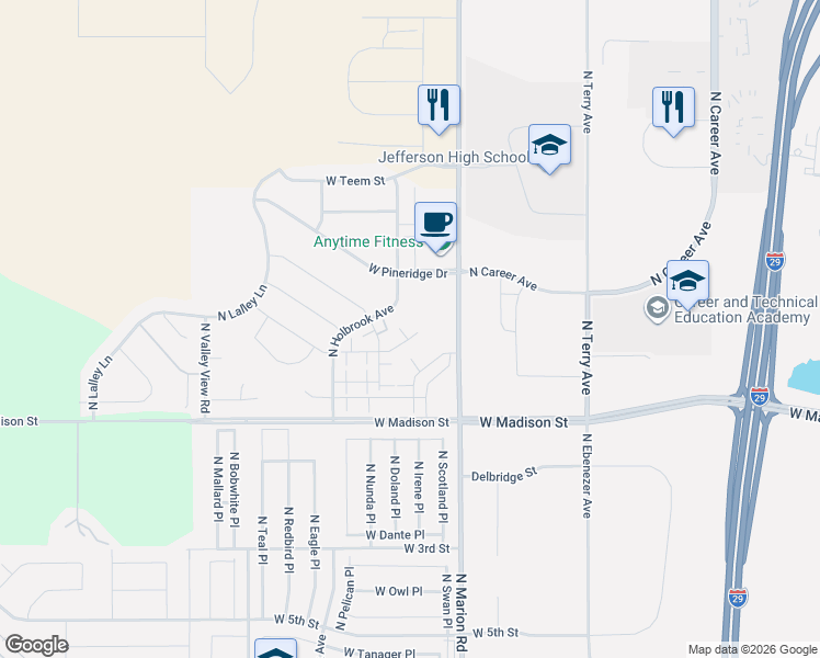 map of restaurants, bars, coffee shops, grocery stores, and more near 1509 N Holbrook Ave in Sioux Falls