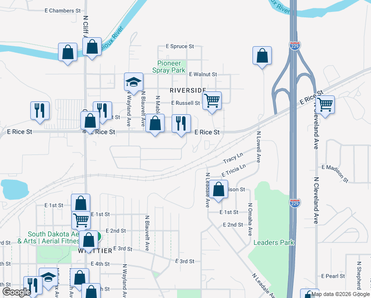 map of restaurants, bars, coffee shops, grocery stores, and more near 1300 North Jessica Avenue in Sioux Falls