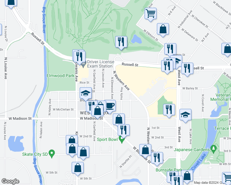 map of restaurants, bars, coffee shops, grocery stores, and more near 2111 West Bailey Street in Sioux Falls