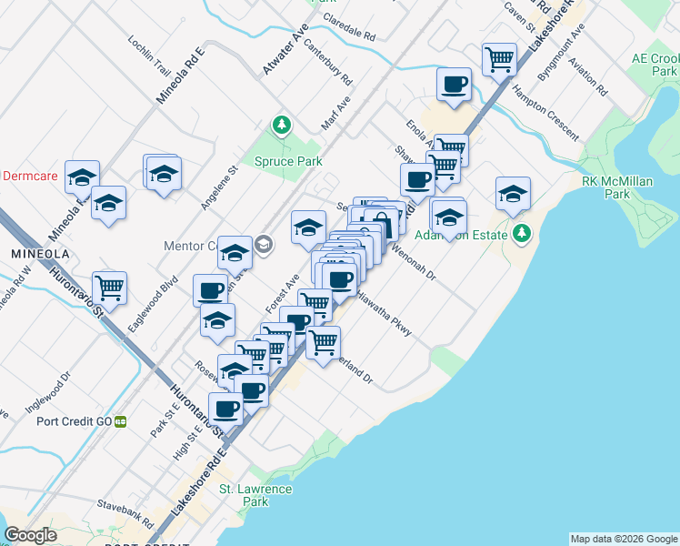 map of restaurants, bars, coffee shops, grocery stores, and more near 7 Mohawk Avenue in Mississauga
