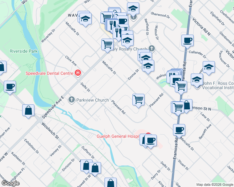 map of restaurants, bars, coffee shops, grocery stores, and more near 99 Emma Street in Guelph