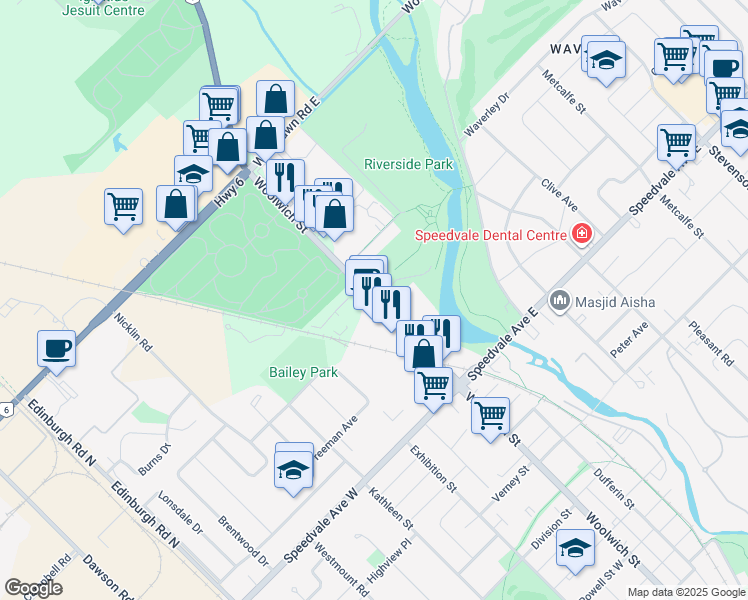 map of restaurants, bars, coffee shops, grocery stores, and more near 690 Woolwich Street in Guelph