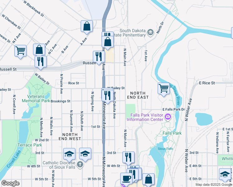 map of restaurants, bars, coffee shops, grocery stores, and more near 1135 North Main Avenue in Sioux Falls