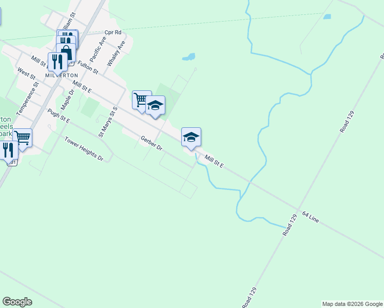 map of restaurants, bars, coffee shops, grocery stores, and more near 91 Mill Street East in Perth East