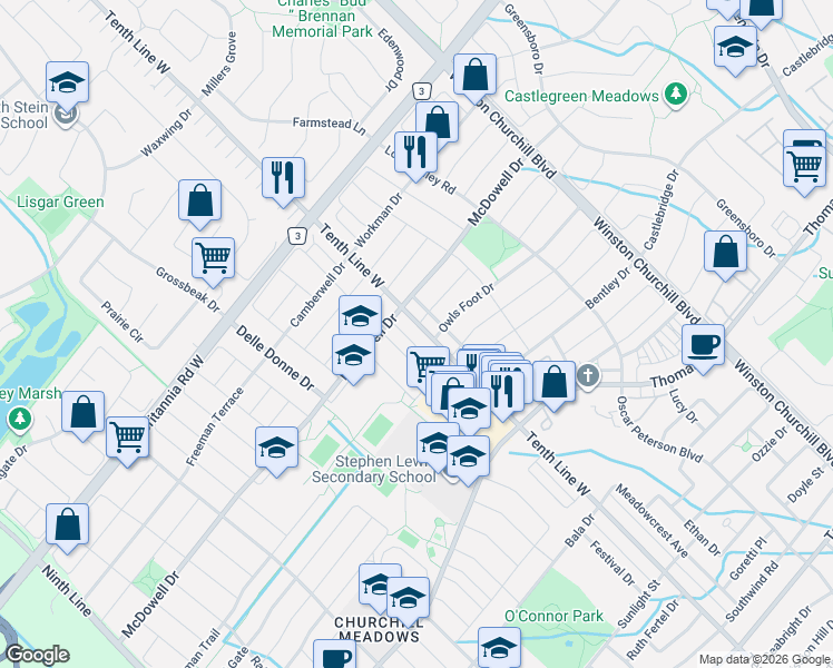 map of restaurants, bars, coffee shops, grocery stores, and more near 5842 Tenth Line West in Mississauga