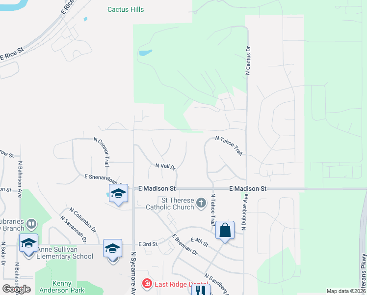 map of restaurants, bars, coffee shops, grocery stores, and more near 13 East Big Sky Place in Sioux Falls