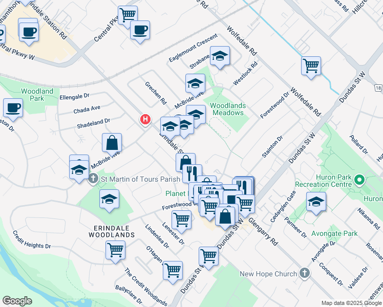 map of restaurants, bars, coffee shops, grocery stores, and more near 3173 Erindale Station Road in Mississauga