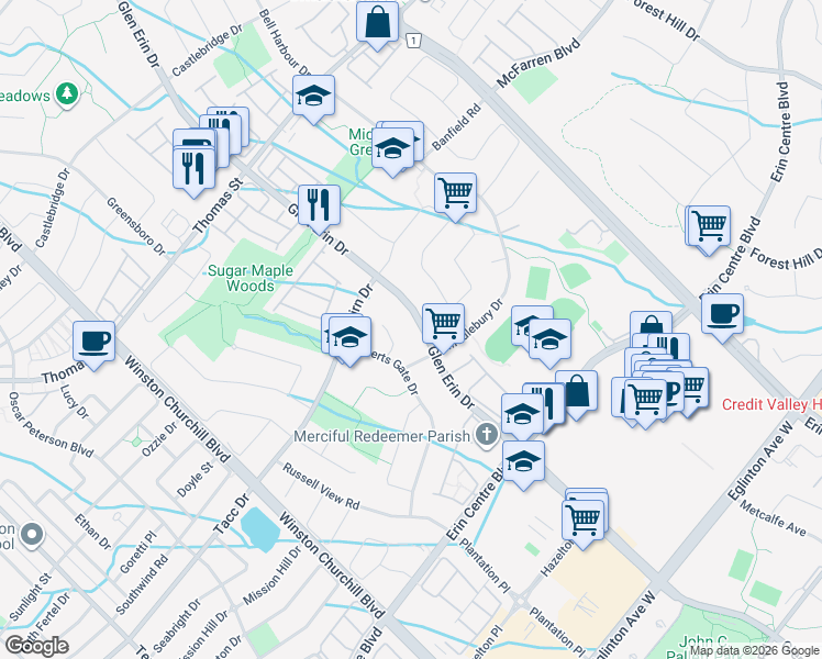 map of restaurants, bars, coffee shops, grocery stores, and more near 5376 Glen Erin Drive in Mississauga