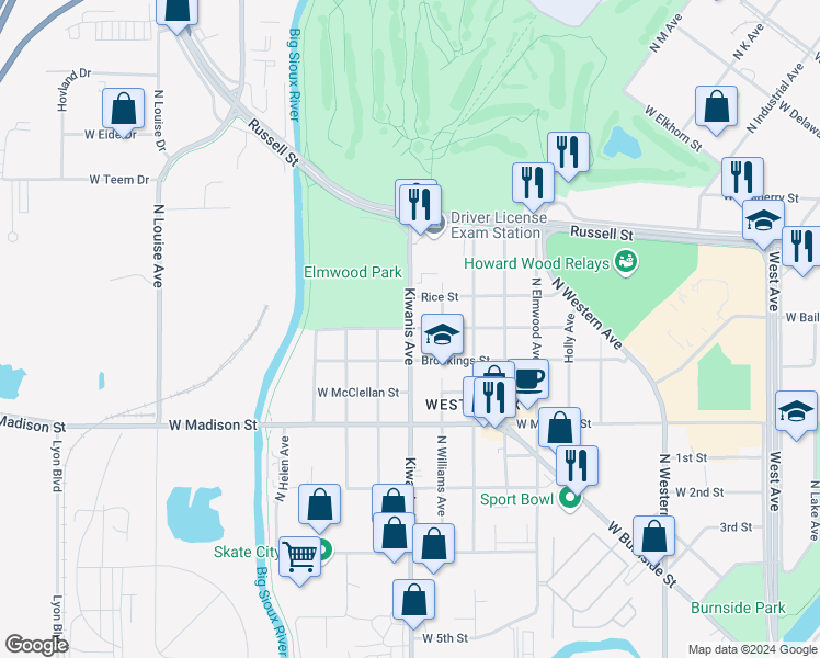 map of restaurants, bars, coffee shops, grocery stores, and more near 2600 West Bailey Street in Sioux Falls