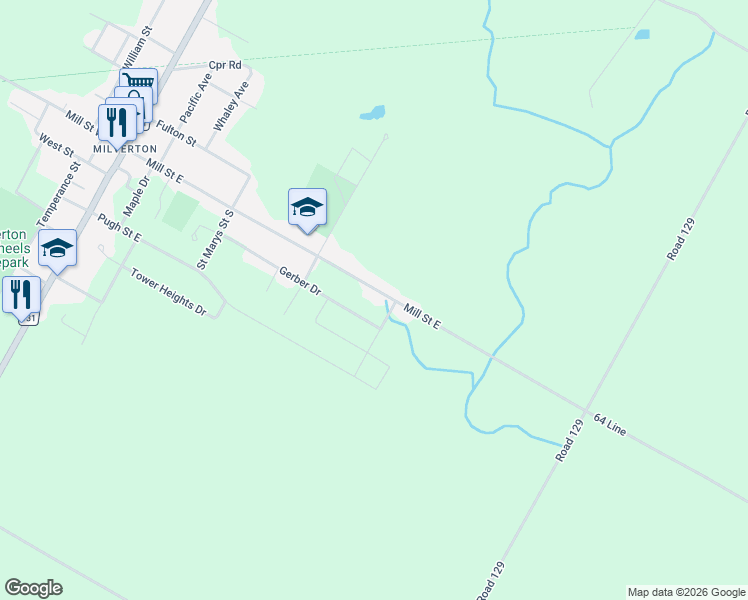 map of restaurants, bars, coffee shops, grocery stores, and more near 91 Mill Street East in Milverton