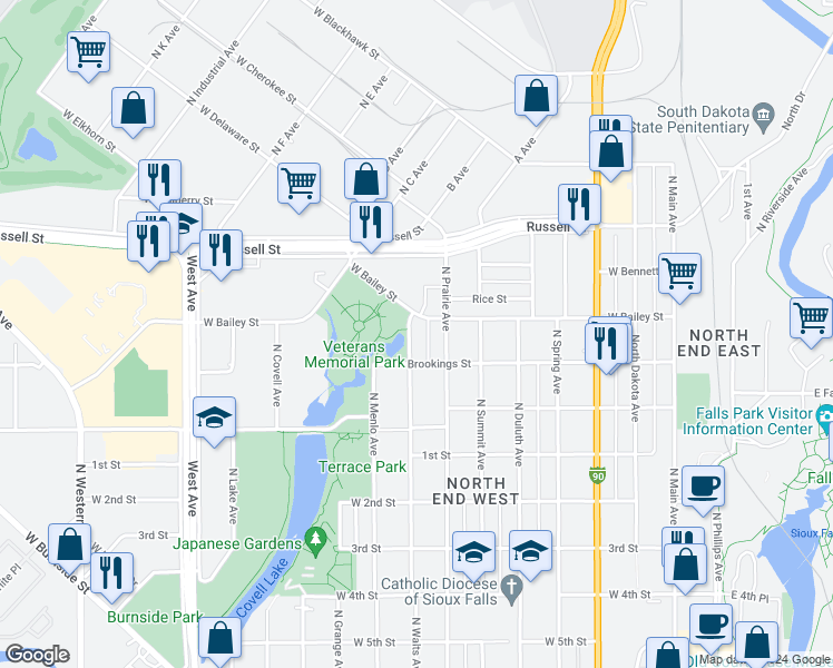 map of restaurants, bars, coffee shops, grocery stores, and more near 1126 North Walts Avenue in Sioux Falls