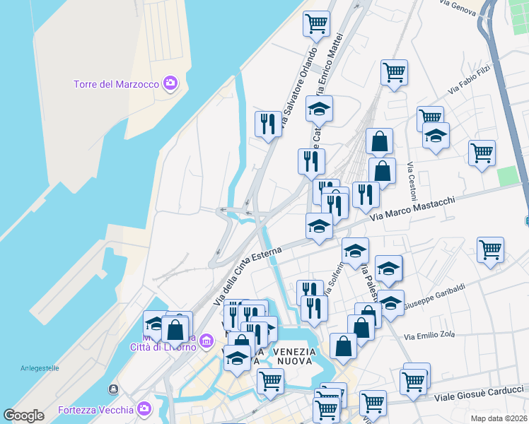 map of restaurants, bars, coffee shops, grocery stores, and more near 36 Via Luigi Negrelli in Livorno
