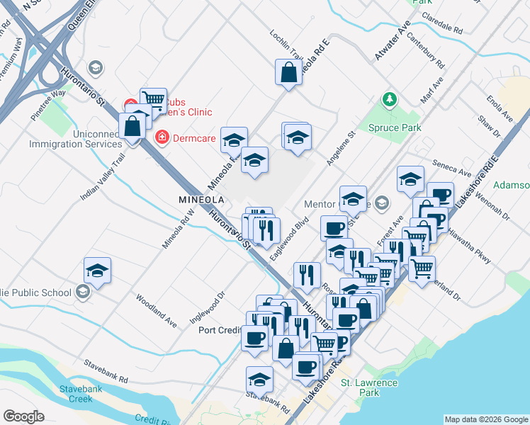 map of restaurants, bars, coffee shops, grocery stores, and more near 20 Mineola Road East in Mississauga