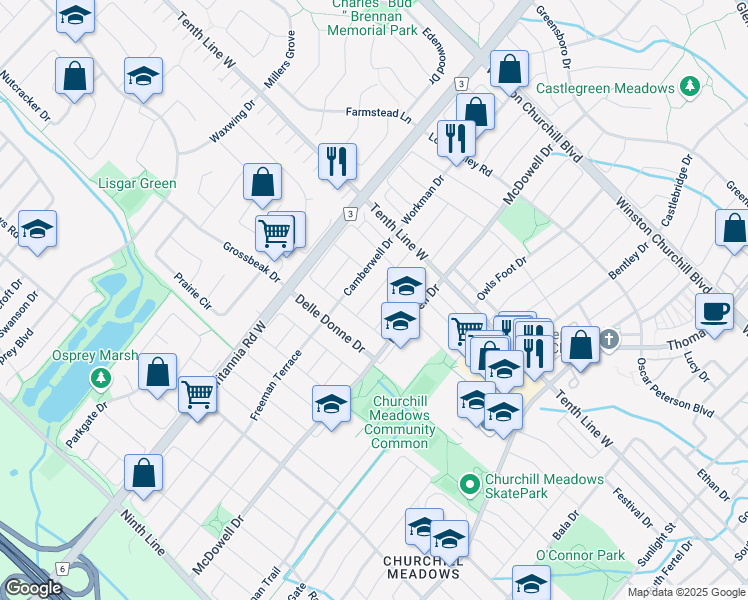 map of restaurants, bars, coffee shops, grocery stores, and more near 3284 Carabella Way in Mississauga