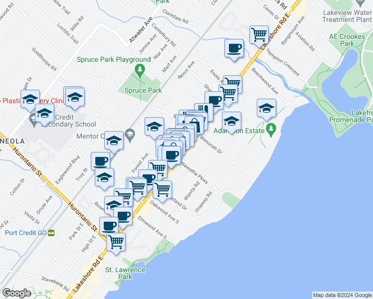 map of restaurants, bars, coffee shops, grocery stores, and more near 299 Lakeshore Road East in Mississauga