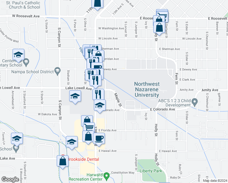 map of restaurants, bars, coffee shops, grocery stores, and more near 717 Maple Street in Nampa
