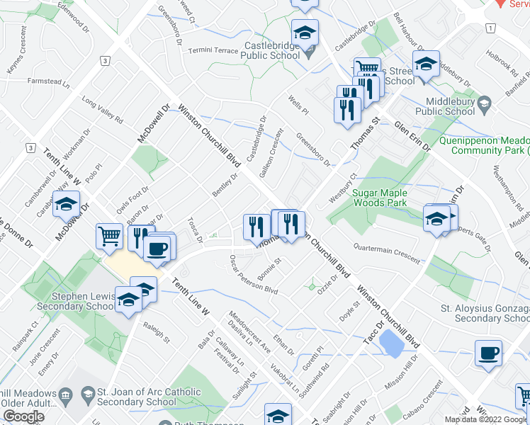 map of restaurants, bars, coffee shops, grocery stores, and more near 5650 Winston Churchill Boulevard in Mississauga