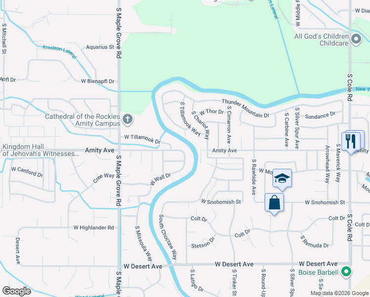 map of restaurants, bars, coffee shops, grocery stores, and more near 8602 West Amity Road in Boise