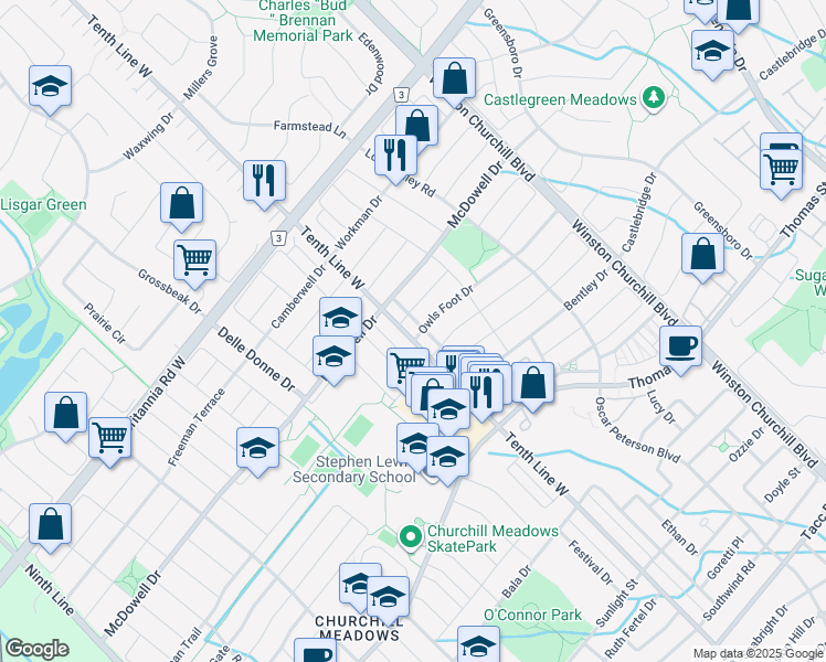 map of restaurants, bars, coffee shops, grocery stores, and more near 5837 Tenth Line West in Mississauga