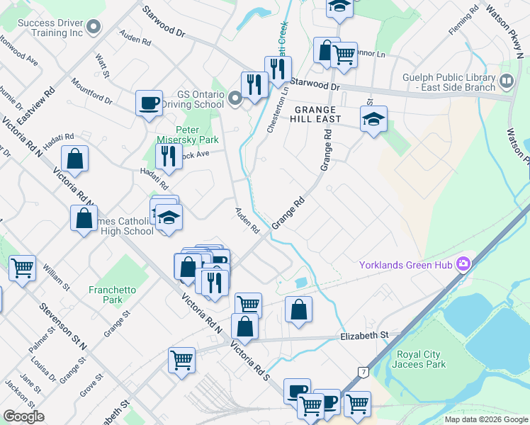 map of restaurants, bars, coffee shops, grocery stores, and more near 253 Auden Road in Guelph